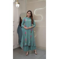 The Skyol Rayon kurti Palazzo With Embroidery Work Shine Blue