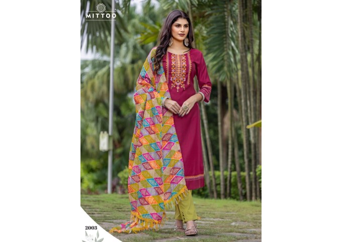 Mitoo  3 pcs kurti set Viscose Weaving Thread & Handwork Kurti Pink