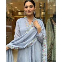 HEER DESIGNER KURTIS SET PURE VISCOSE CHINON SILK WITH SEQUENCE EMBROIDERY WORK GREY