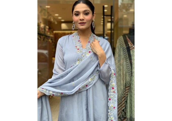 HEER DESIGNER KURTIS SET PURE VISCOSE CHINON SILK WITH SEQUENCE EMBROIDERY WORK GREY