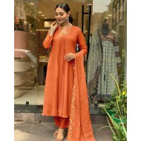 HEER DESIGNER KURTIS SET PURE VISCOSE CHINON SILK WITH SEQUENCE EMBROIDERY WORK ORANGE