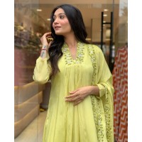 HEER DESIGNER KURTIS SET PURE VISCOSE CHINON SILK WITH SEQUENCE EMBROIDERY WORK PARROT GREEN