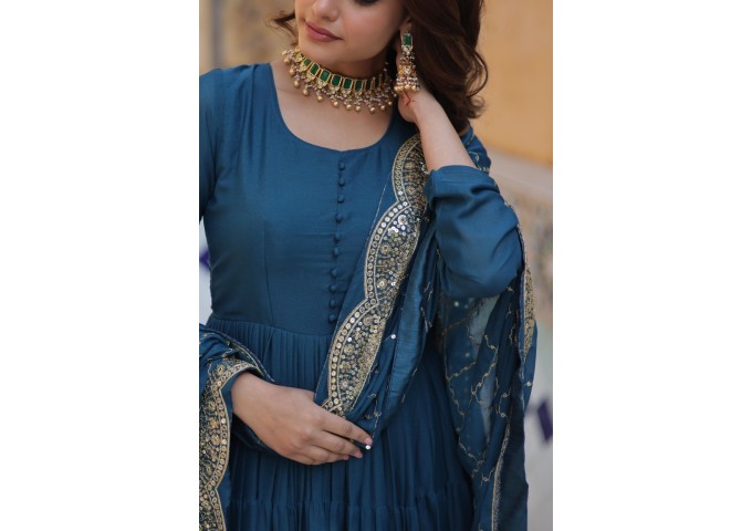 WOMEN'S FULLY FLAIR GOWN MADE WITH STAR GEORGETTE FABRICS WITH DUPATTA BLUE