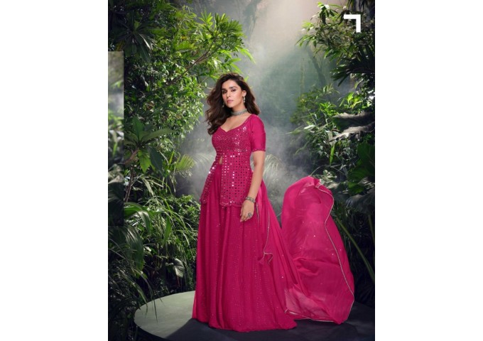 SAYURI DESIGNER SHIVANI 5699 SERIES PREMIUM REAL CHINON SILK / REAL GEROGETTE  3 PCS ANARKALI SUIT PINK 2