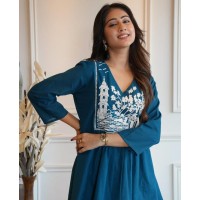 Strawberry Mint Dress Kurtis Palazzo With Embroidery Work Blue