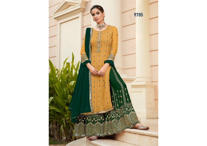 Plazzo Suit With Heavy Georgette Embroidery Mirror and Sarvoski Work Inner Shantoon Yellow