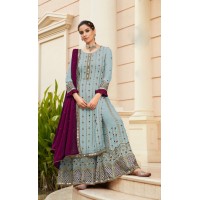 Plazzo Suit With Heavy Georgette Embroidery Mirror and Sarvoski Work Inner Shantoon Sky Blue