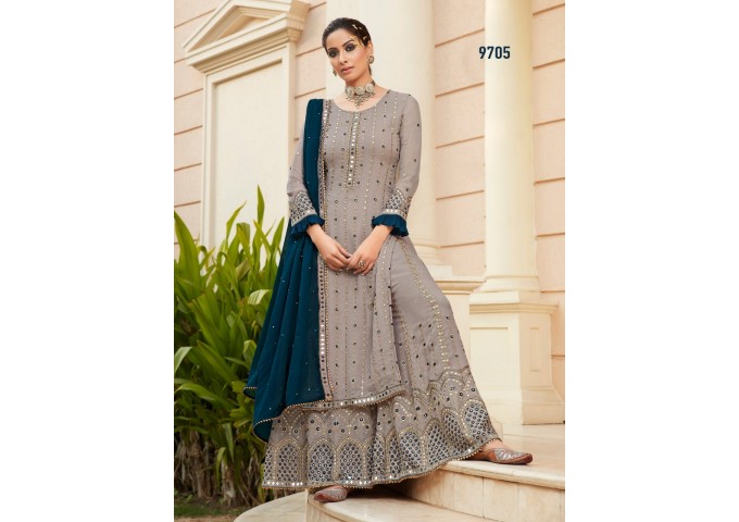 Plazzo Suit With Heavy Georgette Embroidery Mirror and Sarvoski Work Inner Shantoon Grey