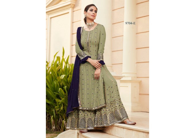 Plazzo Suit With Heavy Georgette Embroidery Mirror and Sarvoski Work Inner Shantoon Green