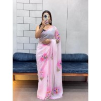 SUPER HIT CELEBRITY STLYE HANDPAINT SAREE WITH CUT DANA HANDWORK SAREE PINK