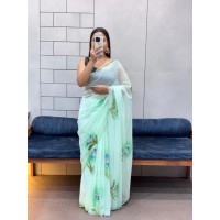 SUPER HIT CELEBRITY STLYE HANDPAINT SAREE WITH CUT DANA HANDWORK SAREE SKY BLUE