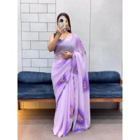 SUPER HIT CELEBRITY STLYE HANDPAINT SAREE WITH CUT DANA HANDWORK SAREE PURPLE