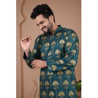 GADHVAL SILK WITH HEAVY EMBROIDERY SEQUENCE WORK KURTA PYAJAMA SHINE BLUE