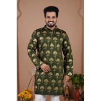 GADHVAL SILK WITH HEAVY EMBROIDERY SEQUENCE WORK KURTA PYAJAMA MEHNDI GREEN