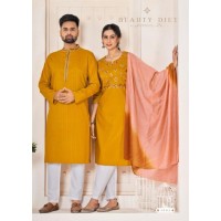 Designer Couple Collection Ladies Kurtis Pant Dupptta And Mens Kurta Pyjama Yellow
