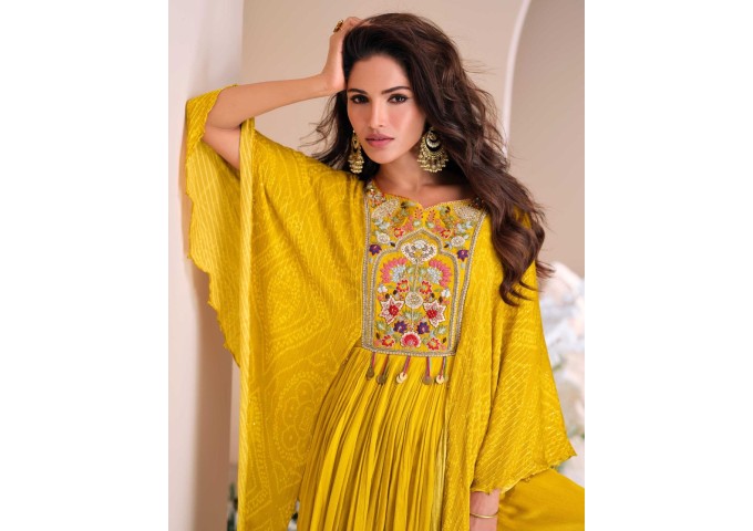 MOHEY SAYURI DESIGNER  PREMIUM REAL CHINON SILK GOWN YELLOW