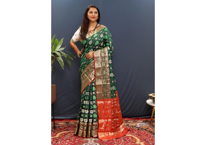Patola Manyavar Soft Silk Saree Green |Multi Color