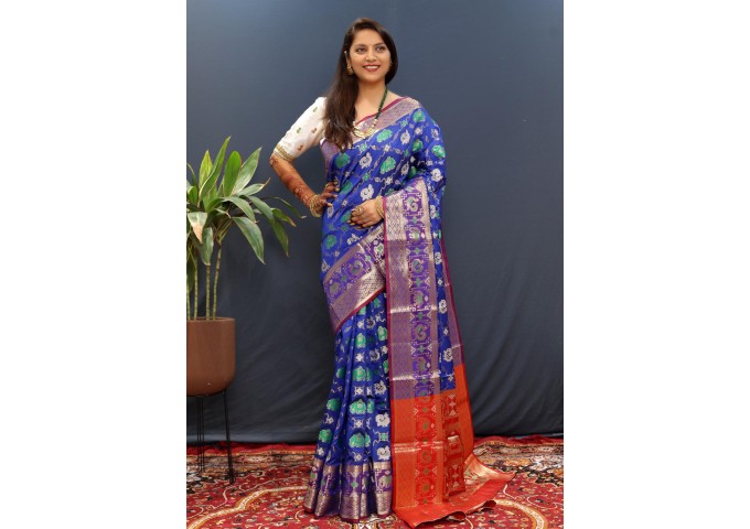 Patola Manyavar Soft Silk Saree Blue |Multi Color