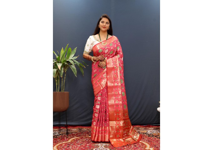 Patola Manyavar Soft Silk Saree Pink|Multi Color