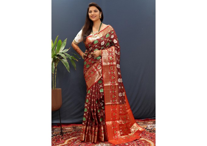 Patola Manyavar Soft Silk Saree Brown |Multi Color