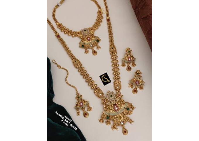 49 Rajwadi Gold Plated Traditional Brass Necklace Jewellery Set