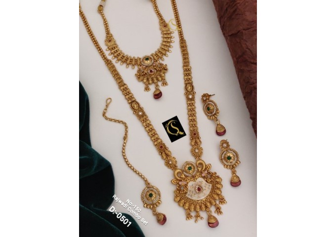 51 Rajwadi Gold Plated Traditional Brass Necklace Jewellery Set