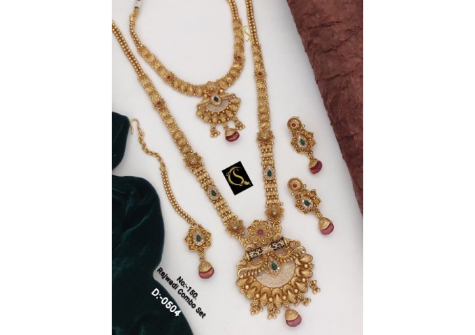 56 Rajwadi Gold Plated Traditional Brass Necklace Jewellery Set