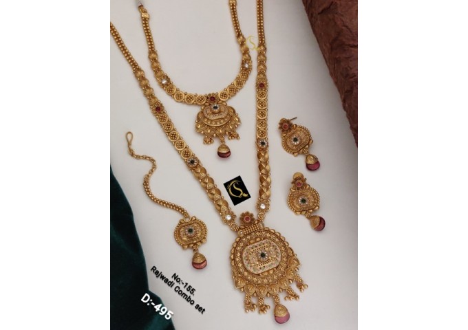 60 Rajwadi Gold Plated Traditional Brass Necklace Jewellery Set