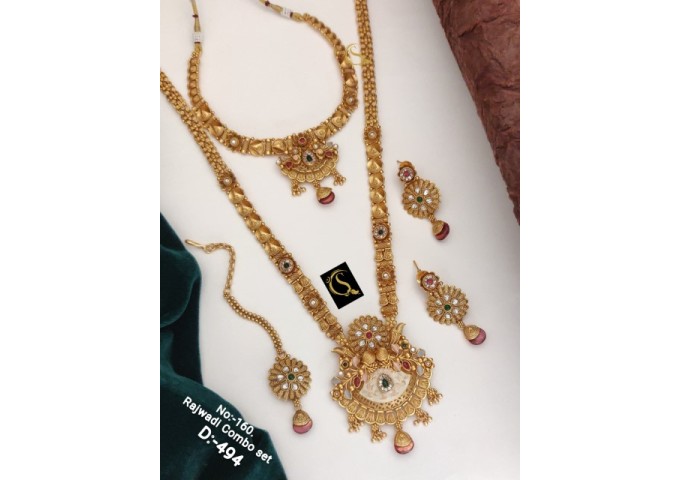 62 Rajwadi Gold Plated Traditional Brass Necklace Jewellery Set