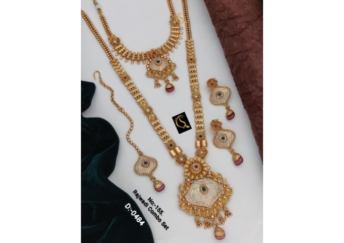 65 Rajwadi Gold Plated Traditional Brass Necklace Jewellery Set