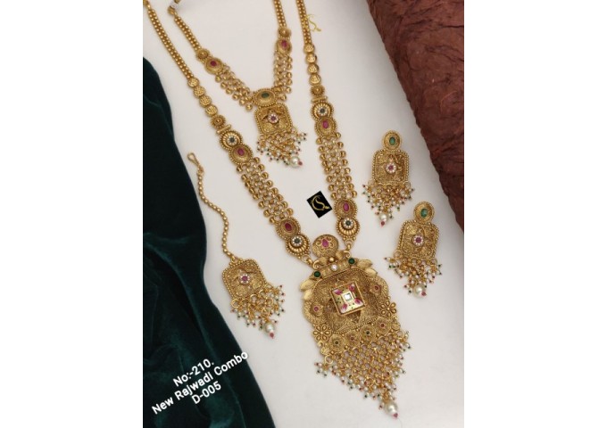 76 Rajwadi Gold Plated Traditional Brass Necklace Jewellery Set