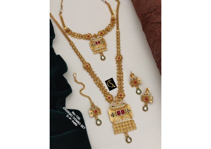 80 Rajwadi Gold Plated Traditional Brass Necklace Jewellery Set