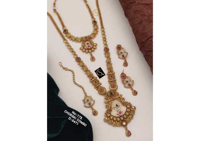 81 Rajwadi Gold Plated Traditional Brass Necklace Jewellery Set