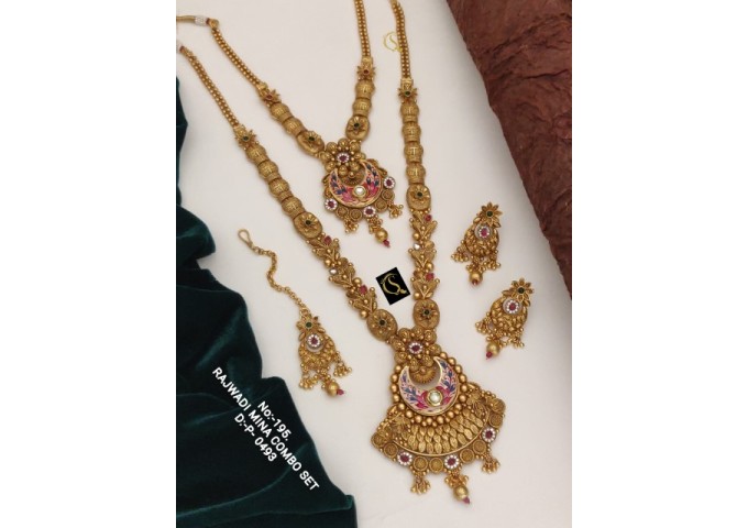 84 Rajwadi Gold Plated Traditional Brass Necklace Jewellery Set