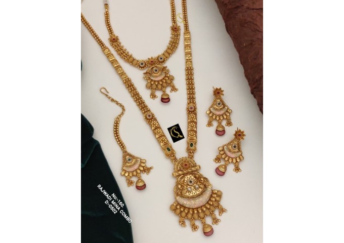 86 Rajwadi Gold Plated Traditional Brass Necklace Jewellery Set