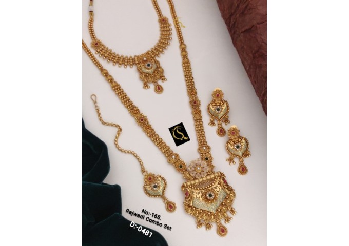 87 Rajwadi Gold Plated Traditional Brass Necklace Jewellery Set