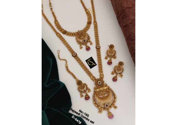 89 Rajwadi Gold Plated Traditional Brass Necklace Jewellery Set