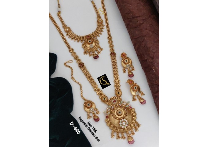 90 Rajwadi Gold Plated Traditional Brass Necklace Jewellery Set