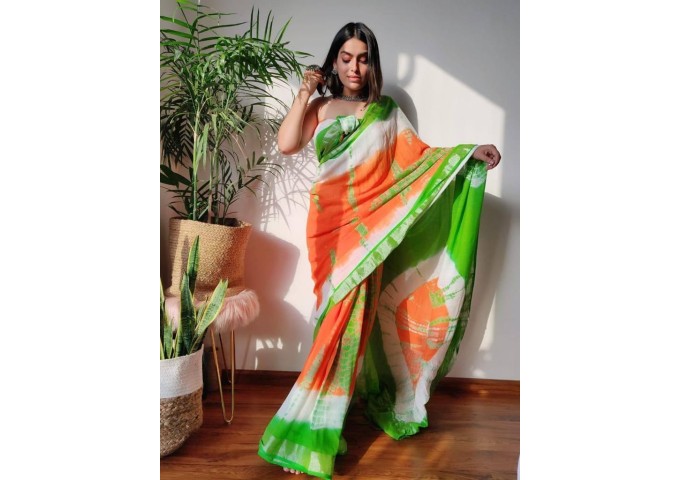 Sibori Linen Digital Print Saree Green| Orange