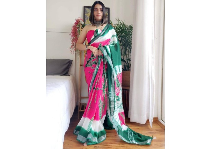 Sibori Linen Digital Print Saree Pink |Multi Color