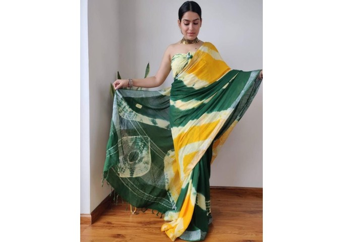 Sibori Linen Digital Print Saree Green| Yellow