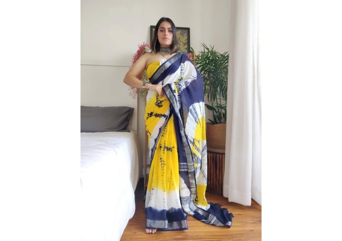 Sibori Linen Digital Print Saree Yellow