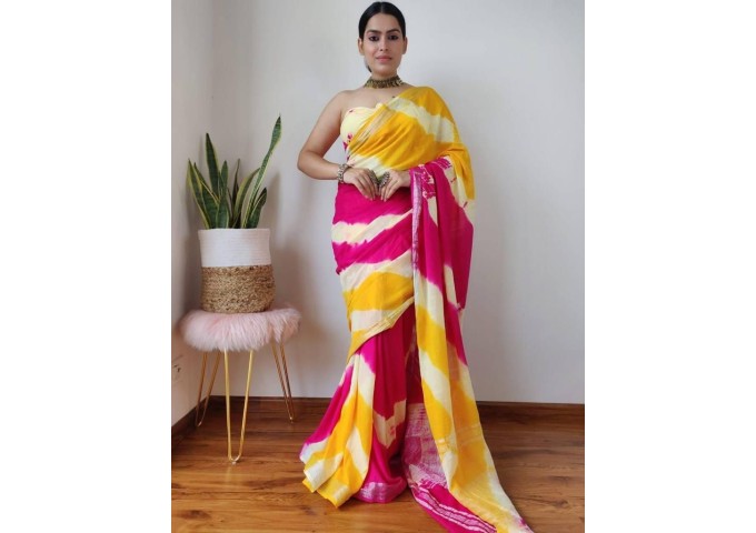 Sibori Linen Digital Print Saree Yellow 2