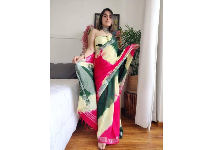 Sibori Linen Digital Print Saree Multi Pink