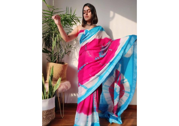 Sibori Linen Digital Print Saree Sky Blue| Pink