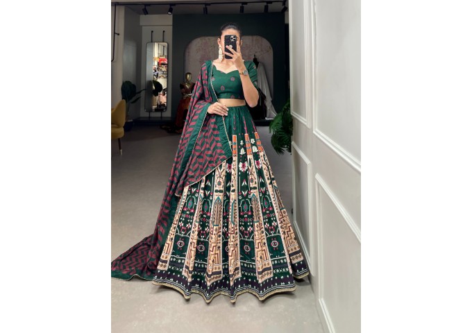 Vaishali Silk Printed And Lace Border Lehengha Dark Green 2