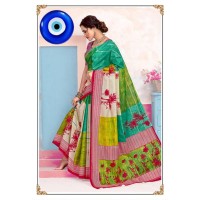 Soft cotton Saree comes with Pallu With Unstitched Blouse Green With Multi Color