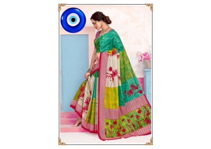 Soft cotton Saree comes with Pallu With Unstitched Blouse Green With Multi Color