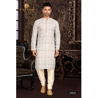 Pintex and Lucknowi (Chickenkari) Work with Digital Print Kurta Pajama Off White