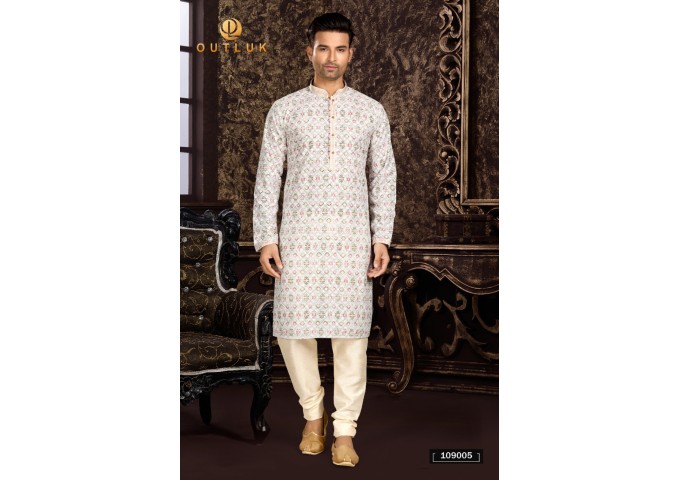 Pintex and Lucknowi (Chickenkari) Work with Digital Print Kurta Pajama Off White